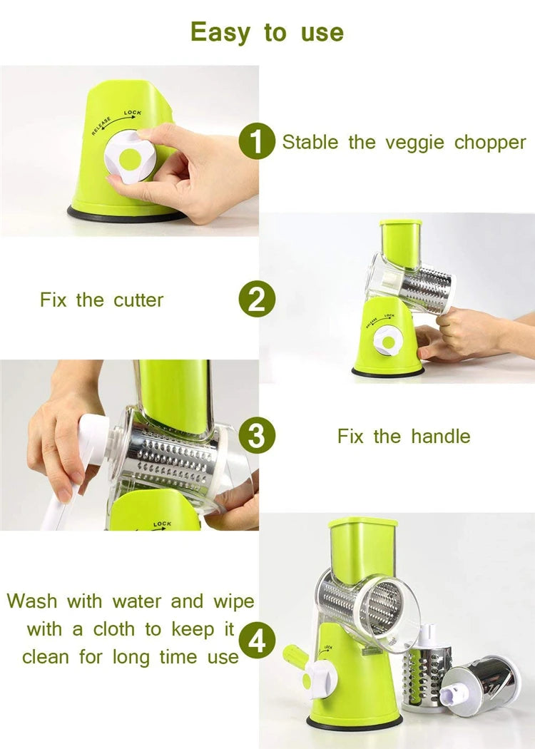 LMETJMA Manual Rotary Vegetable Slicer Cutter Kitchen Vegetable Cheese Grater Chopper with 3 Sharp Stainless Steel Drums KC0082