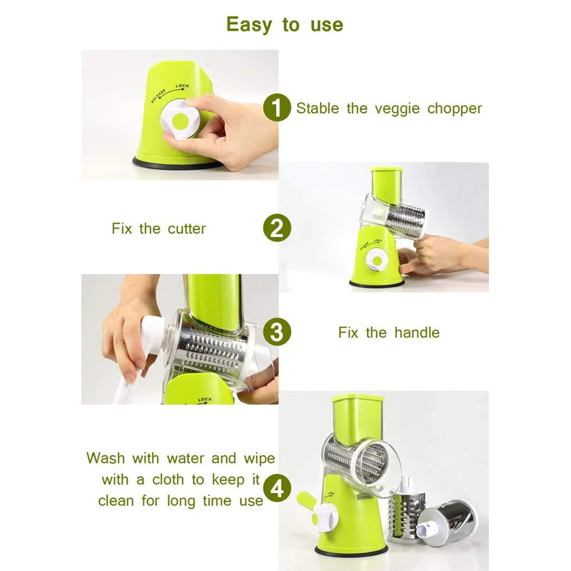 LMETJMA Manual Rotary Vegetable Slicer Cutter Kitchen Vegetable Cheese Grater Chopper with 3 Sharp Stainless Steel Drums KC0082