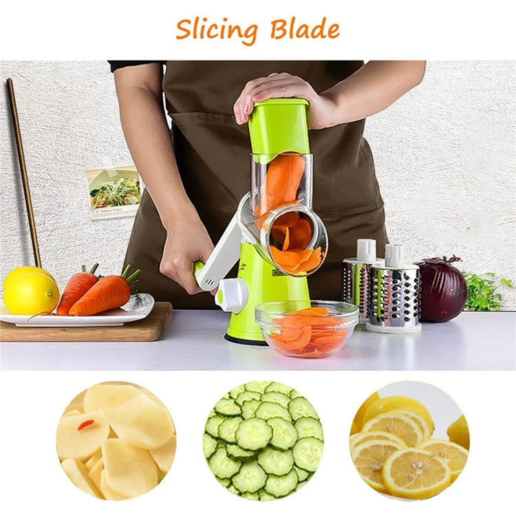 LMETJMA Manual Rotary Vegetable Slicer Cutter Kitchen Vegetable Cheese Grater Chopper with 3 Sharp Stainless Steel Drums KC0082