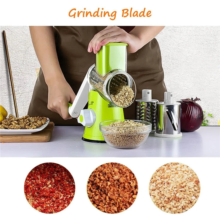 LMETJMA Manual Rotary Vegetable Slicer Cutter Kitchen Vegetable Cheese Grater Chopper with 3 Sharp Stainless Steel Drums KC0082