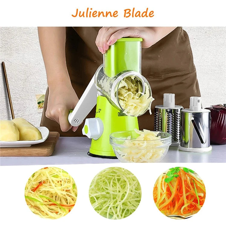 LMETJMA Manual Rotary Vegetable Slicer Cutter Kitchen Vegetable Cheese Grater Chopper with 3 Sharp Stainless Steel Drums KC0082