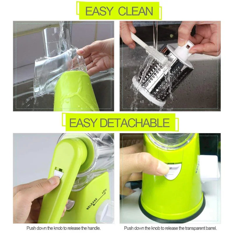 LMETJMA Manual Rotary Vegetable Slicer Cutter Kitchen Vegetable Cheese Grater Chopper with 3 Sharp Stainless Steel Drums KC0082