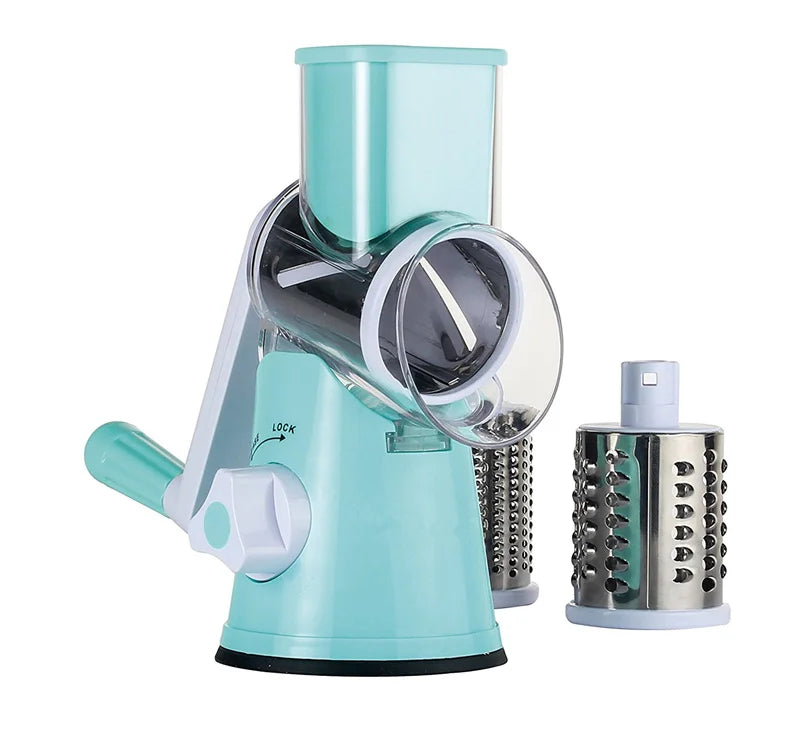 LMETJMA Manual Rotary Vegetable Slicer Cutter Kitchen Vegetable Cheese Grater Chopper with 3 Sharp Stainless Steel Drums KC0082