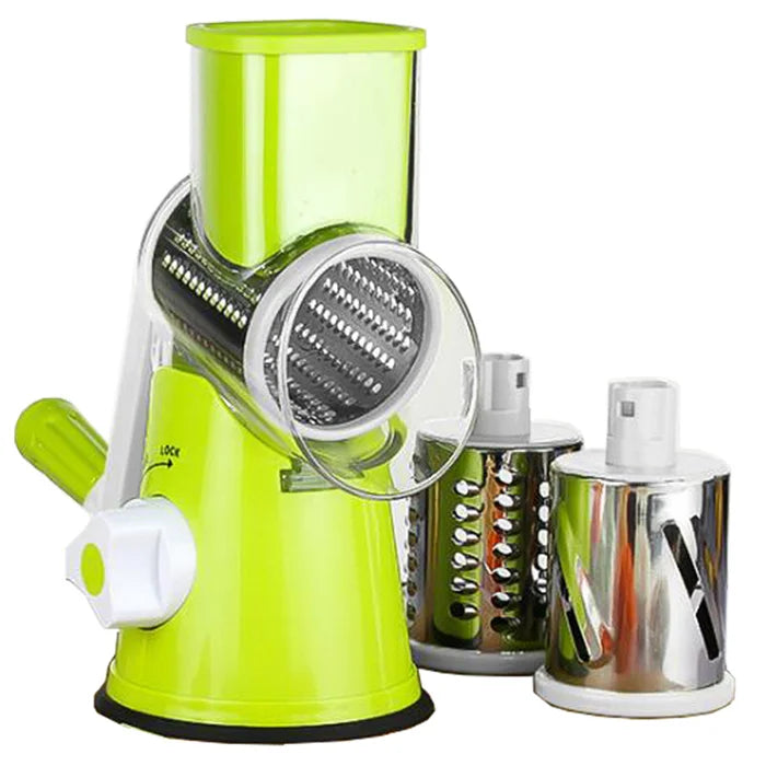 LMETJMA Manual Rotary Vegetable Slicer Cutter Kitchen Vegetable Cheese Grater Chopper with 3 Sharp Stainless Steel Drums KC0082
