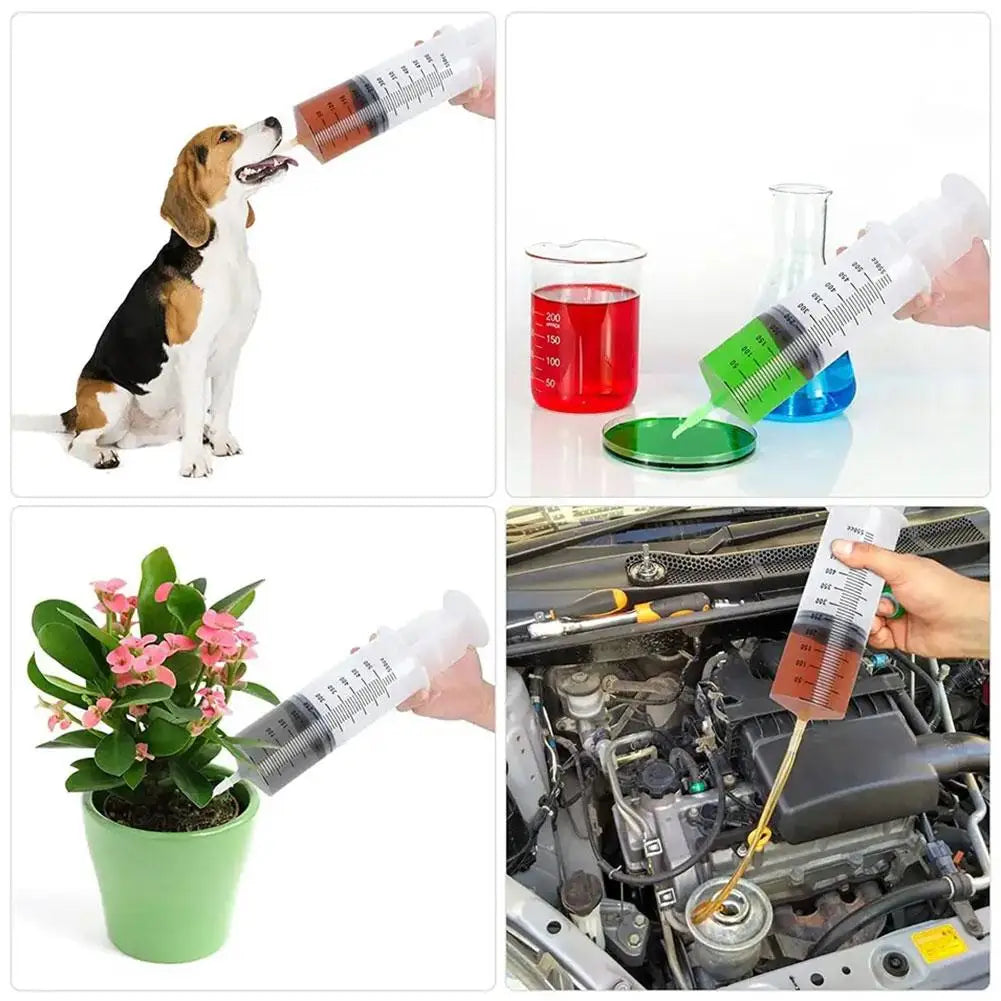 Collage of a syringe being used on a dog, in a lab setting, with a plant, and in an engine