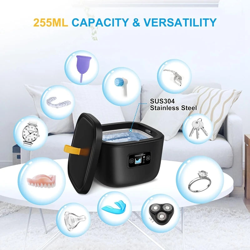 X50A-Ultrasonic Cleaner For Retainer, Denture, Mouth Guard, Toothbrush Head, 43Khz 255ML Ultrasonic Retainer EU Plug