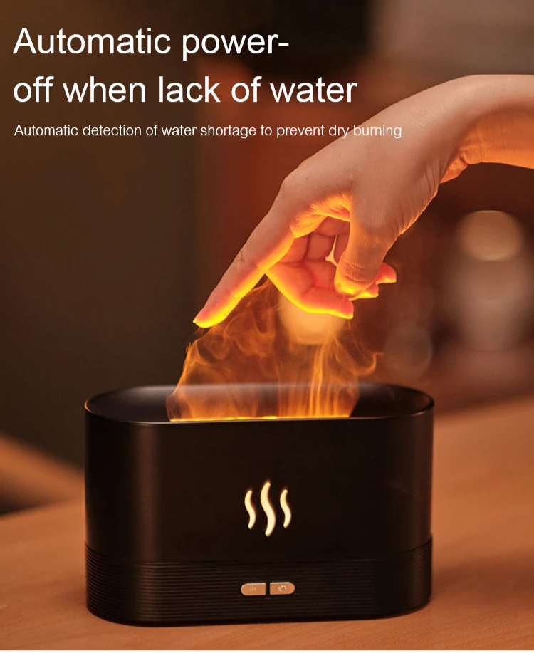 Black humidifier with flames and a hand interacting, featuring text about automatic power-off when water is low.